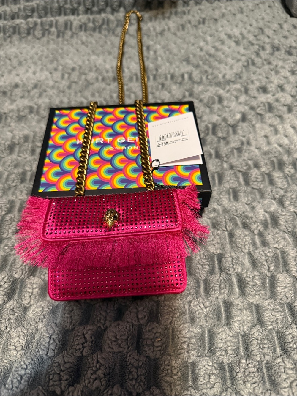 Kurt Geiger Hot Pink Fringe Mini Shoulder Bag with Gold Chain